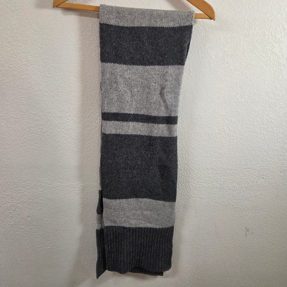Express Gray Striped 100% Lambswool Knit Winter Scarf 10x68 Ribbed Trim